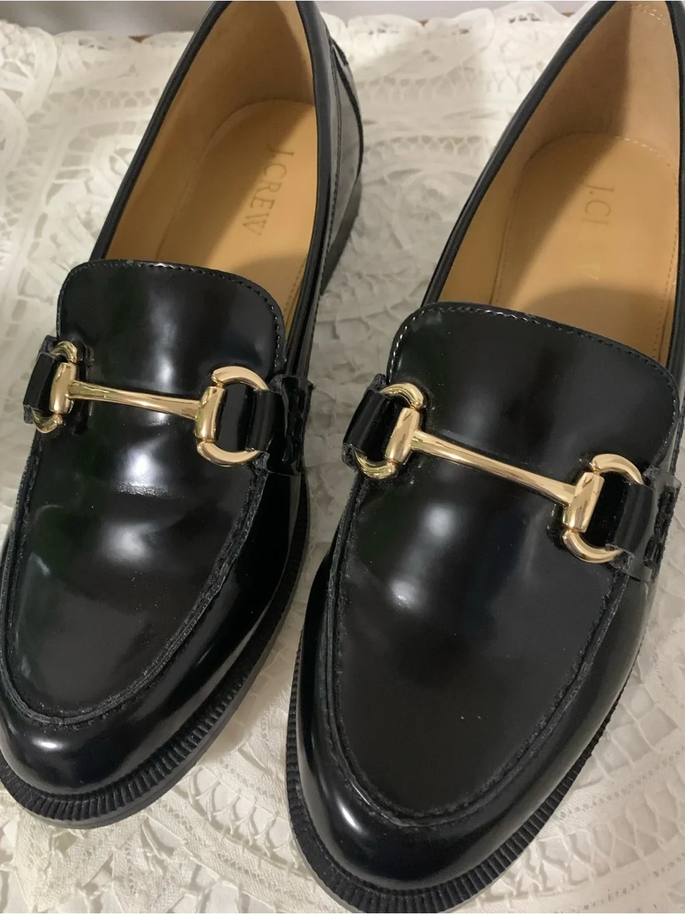 J. Crew Factory Women's Glossy Black Loafers with Gold Horsebit Accent Size 7